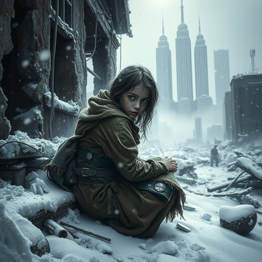 Frozen Post-Apocalyptic Landscape with Desolate Shelter