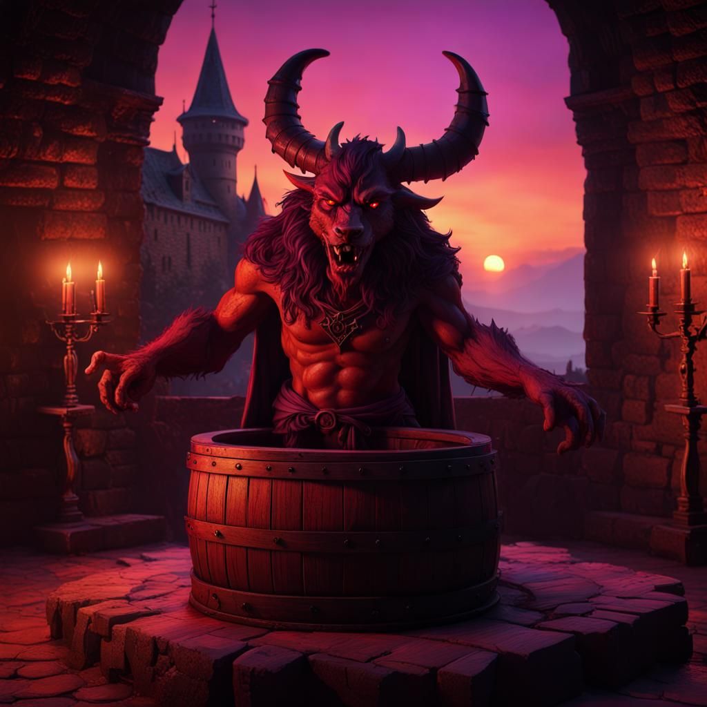 Horned Wolf Devil in Medieval Castle at Sunset