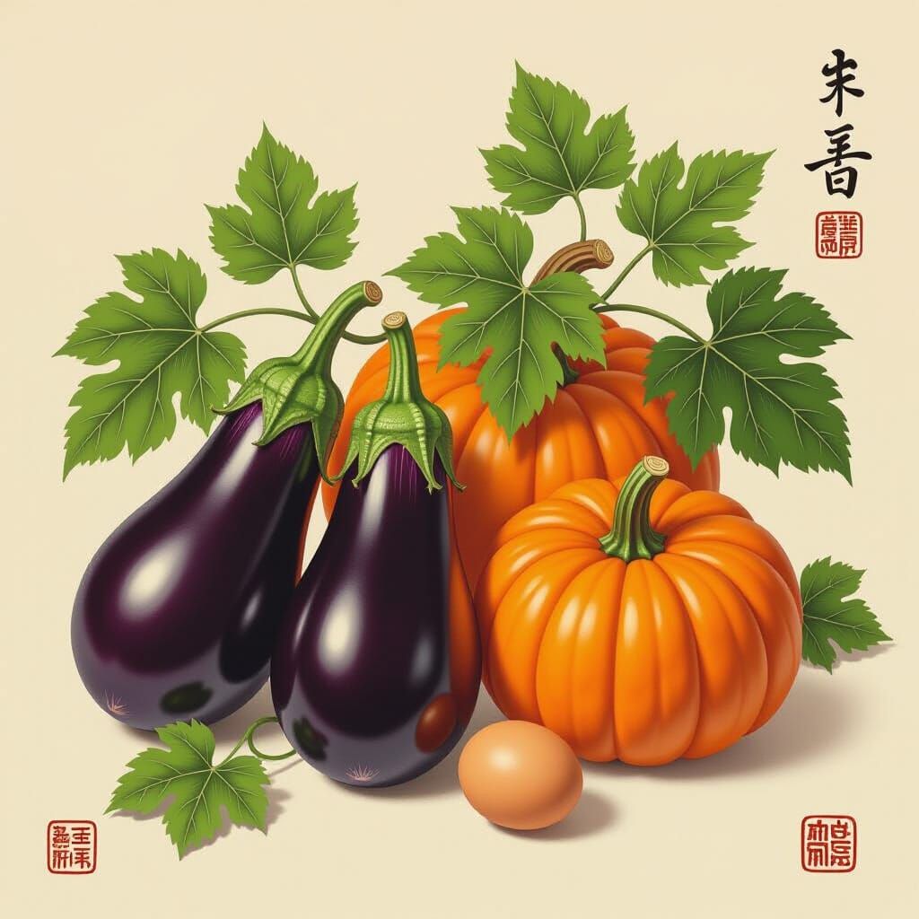 Eggplants and Pumpkins Still Life in Ukiyo-e Style