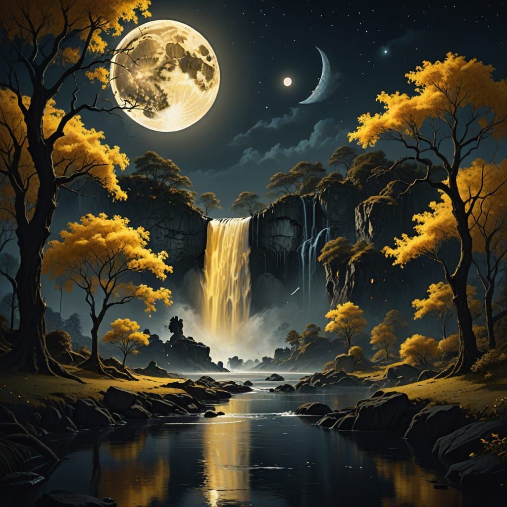Golden Moon Waterfall in Surreal Digital Art