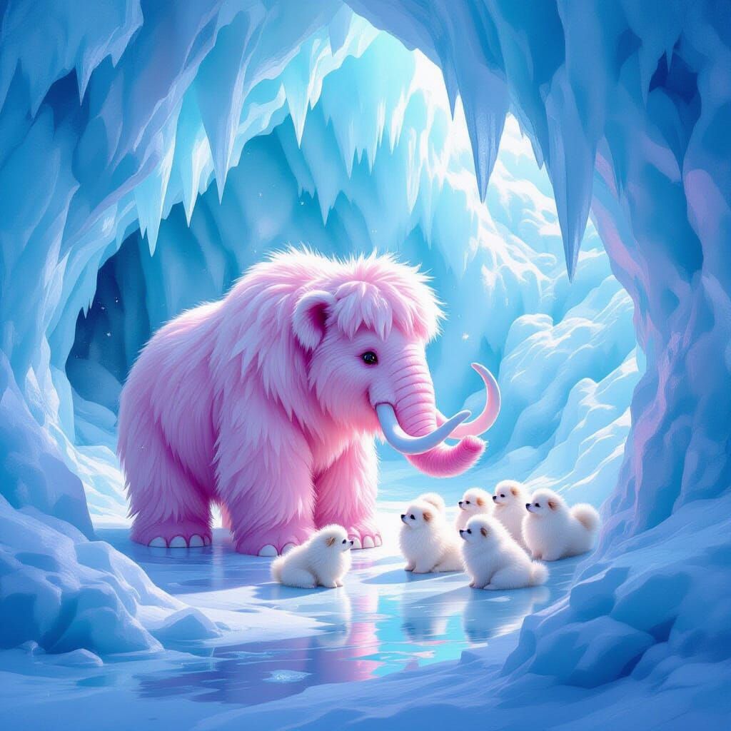 Pink Wooly Mammoth Plays With Pomeranians in Icy Cave