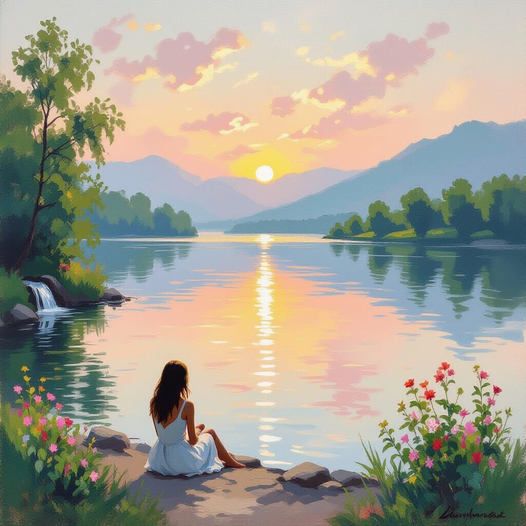 Peaceful Lakeside Sunrise with Impressionist Painting Style
