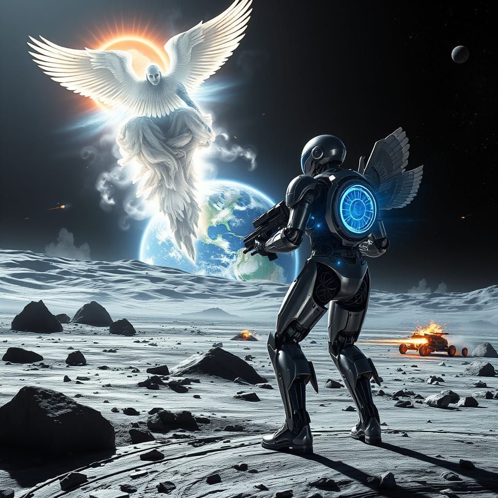 Cyborg Warrior Meets Solar Angel in Epic Lunar Battle
