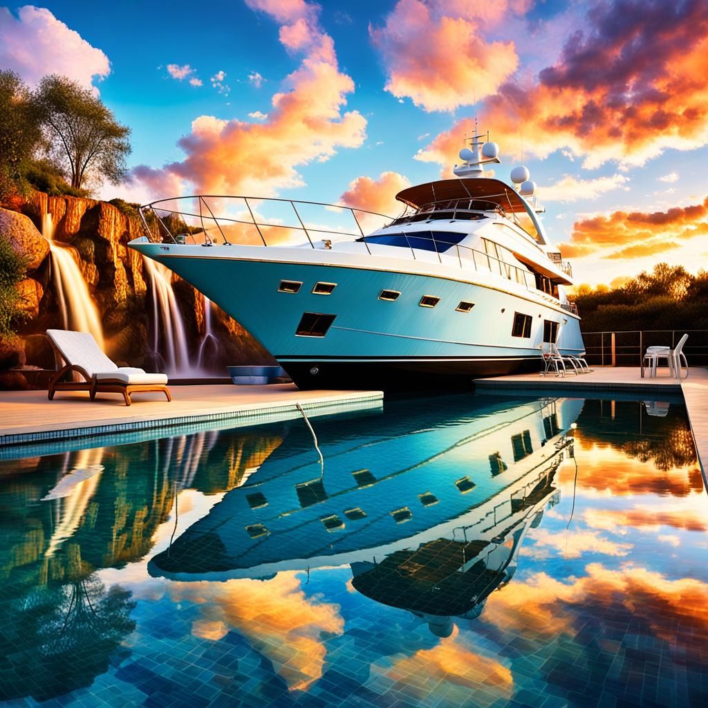 Surreal Yacht In-Floor Pool with Waterfall, Fauvist Painting