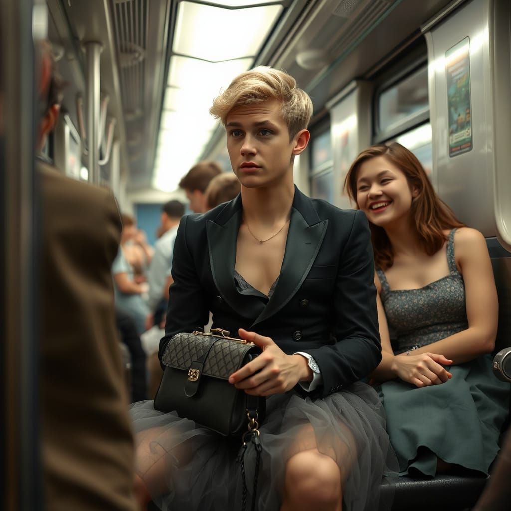 Nervous Crossdresser in Tulle Dress on Crowded Train