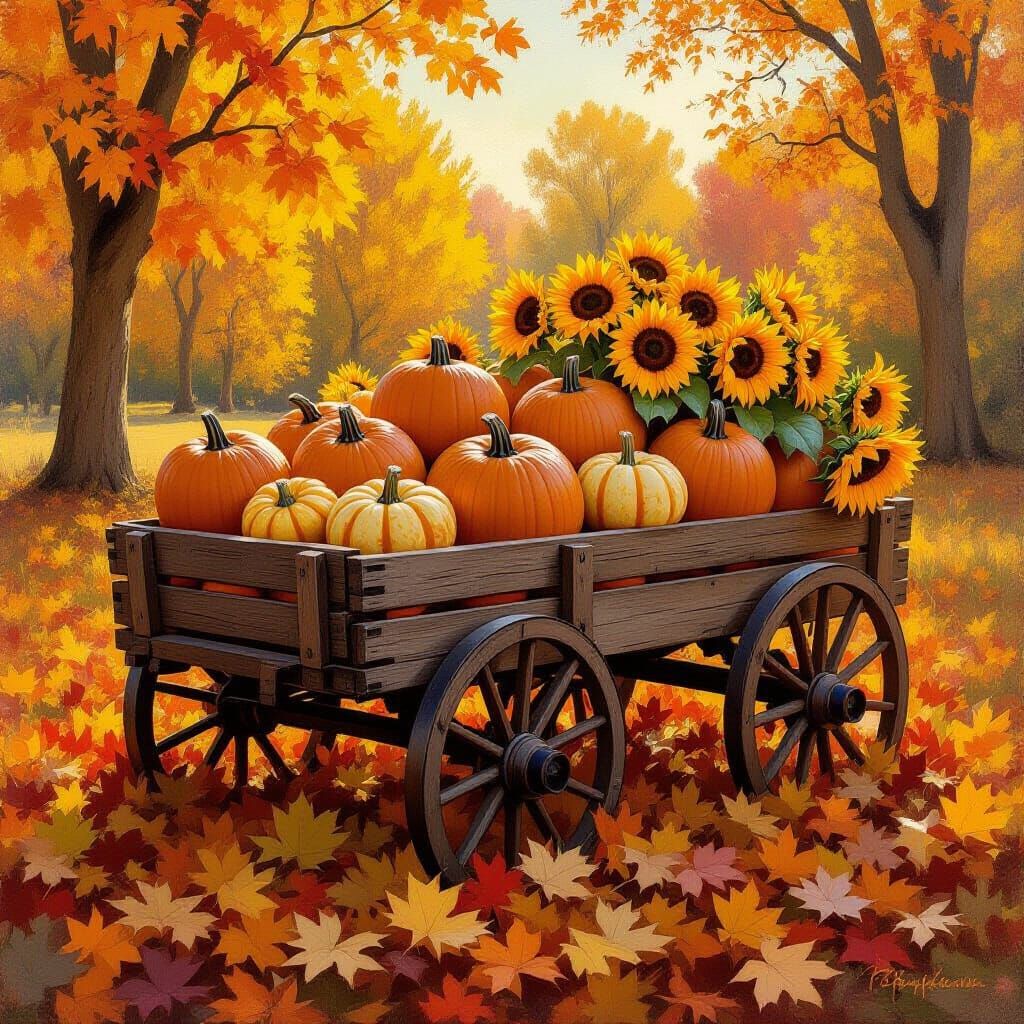 Autumn Harvest Cart with Pumpkins and Sunflowers