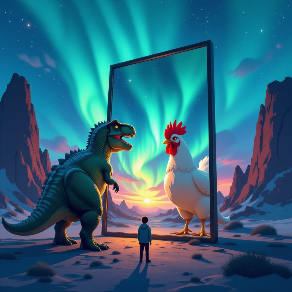 T-Rex and Ghibli Chicken in Aurora Mirror World
