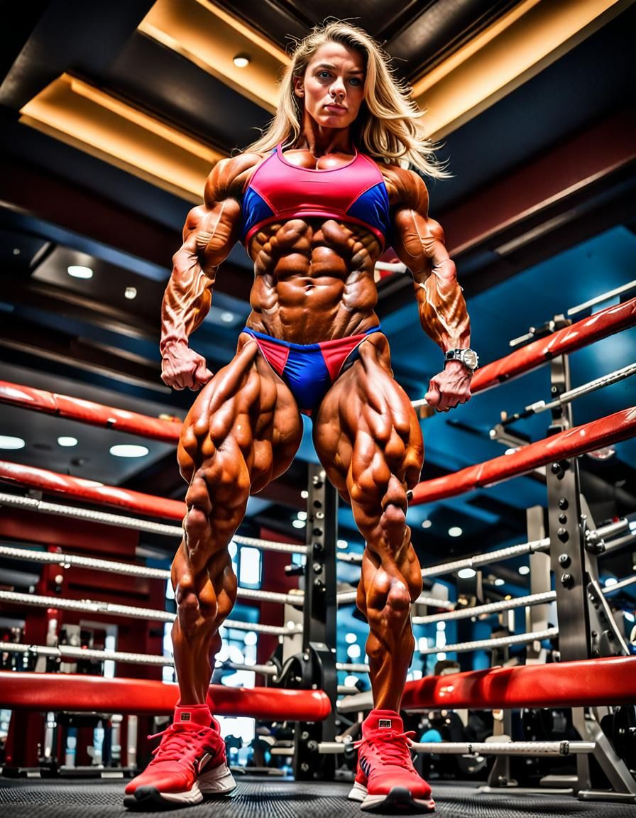 Ripped Female Bodybuilder Flexing Biceps in Restaurant