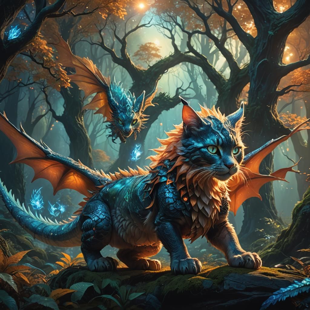 Fae Kitty Rides Dragon in Mystical Forest