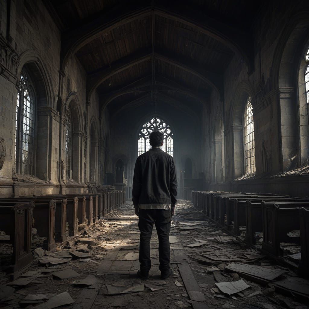 Ethereal Gothic Figure in Tattered Chinos