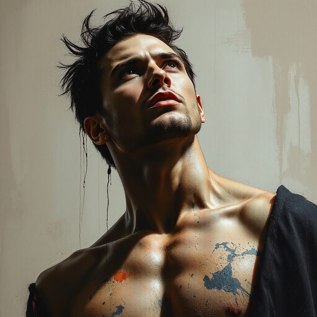 Dramatic Ink and Oil Painting of a Handsome Man