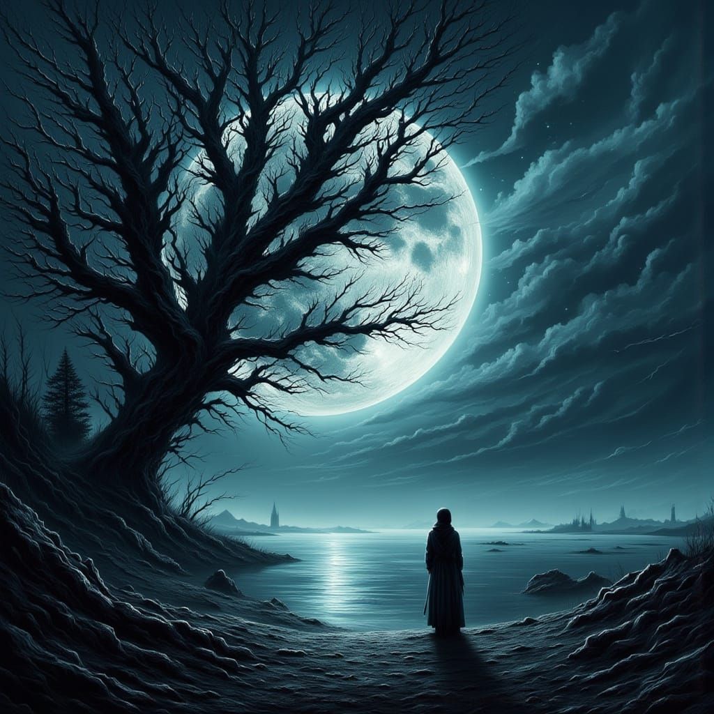 Moonlight Shadow Over Sorrowful Trees at Dawn