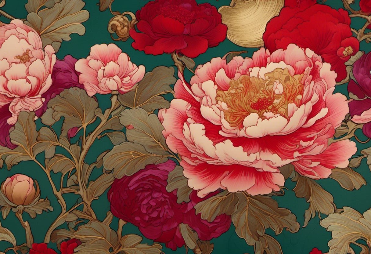 Peonies Bloom as Atomic Clouds in Art Nouveau Style