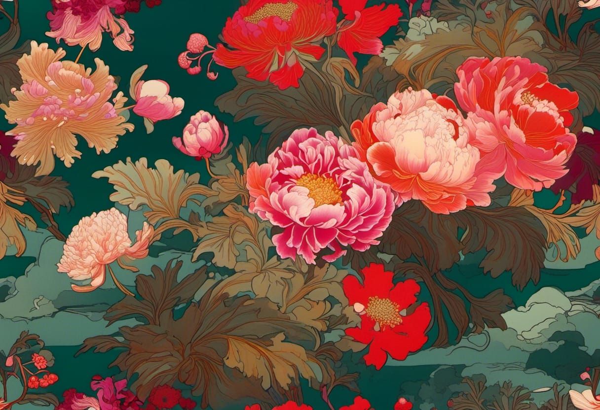 Peonies Become Atomic Clouds in Art Nouveau Style