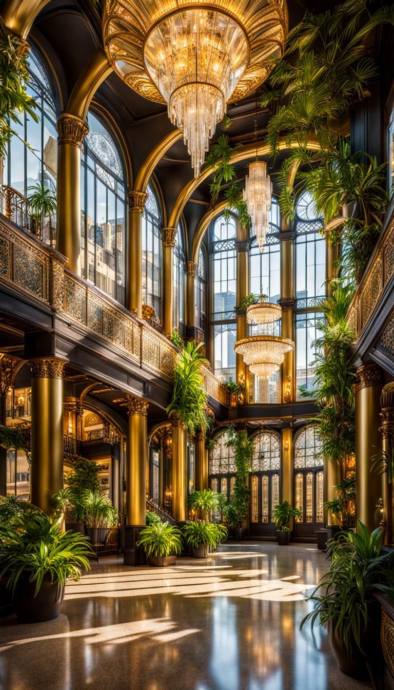 Art Nouveau Lobby with Quartz Crystal in Steampunk Style
