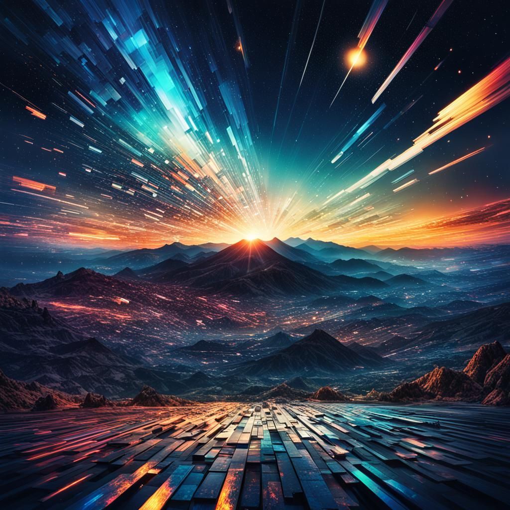 Glitch Art Starry Night: Hyperrealistic Digital Artwork
