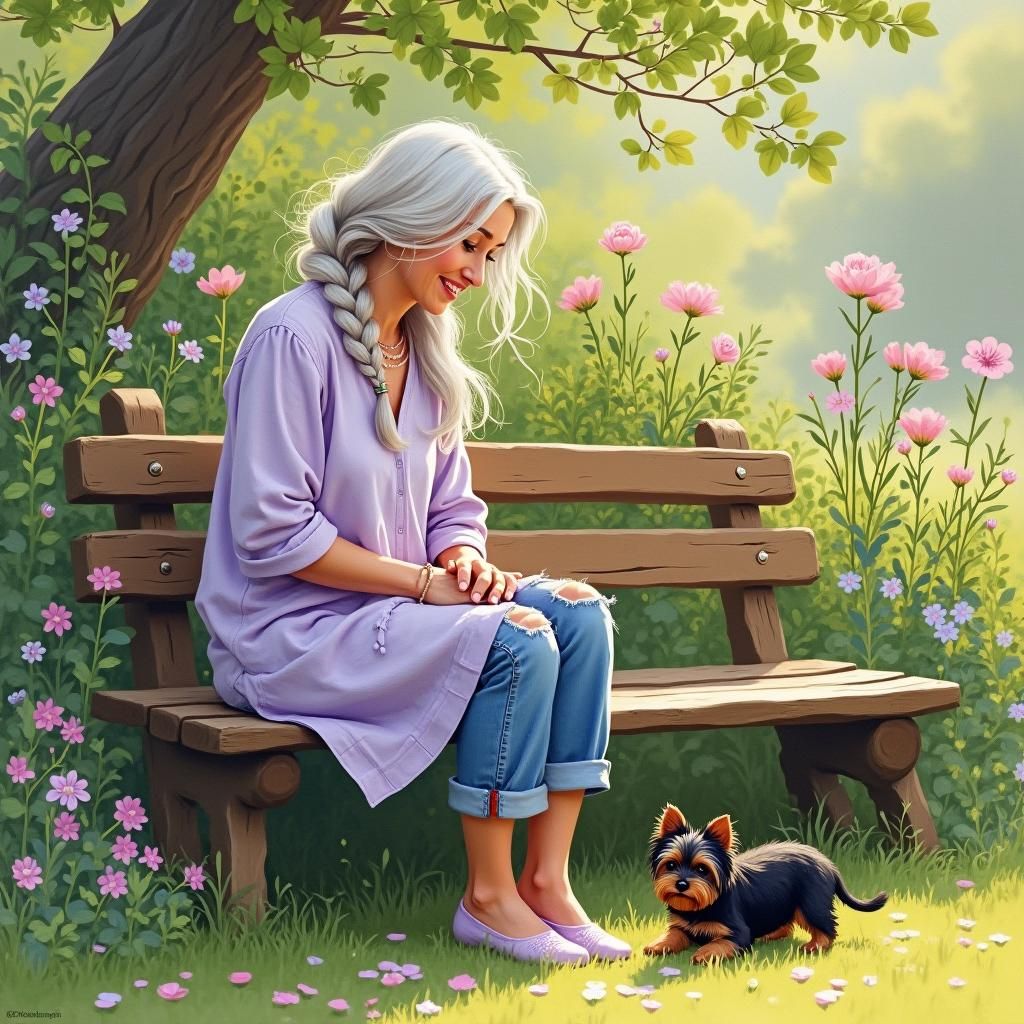 Grandmother and Puppy in Impressionist Garden