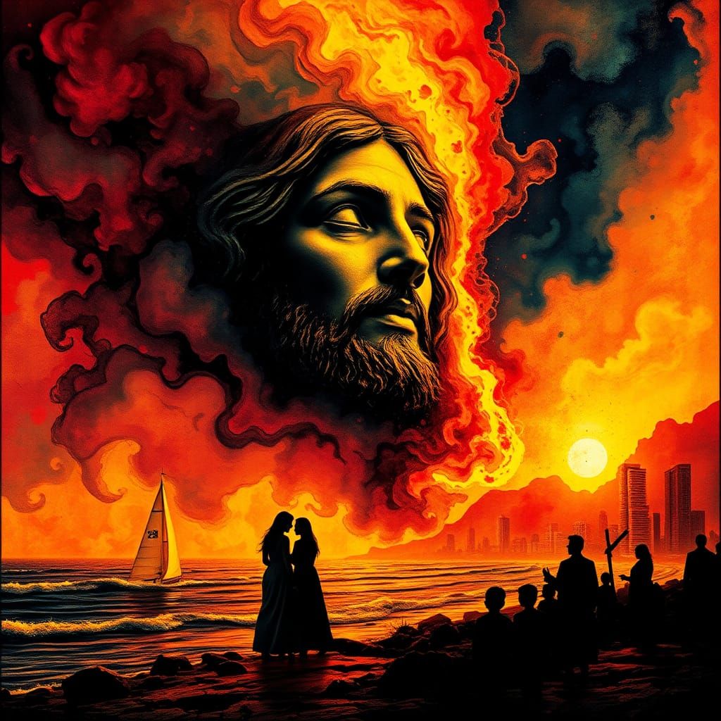 Fluorescent Abstract Batik: Jesus, Figures, and Cityscape