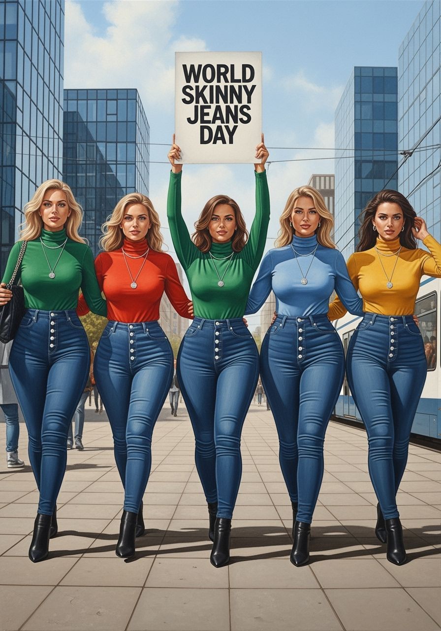 Women Celebrate Skinny Jeans Day in Realistic City Painting