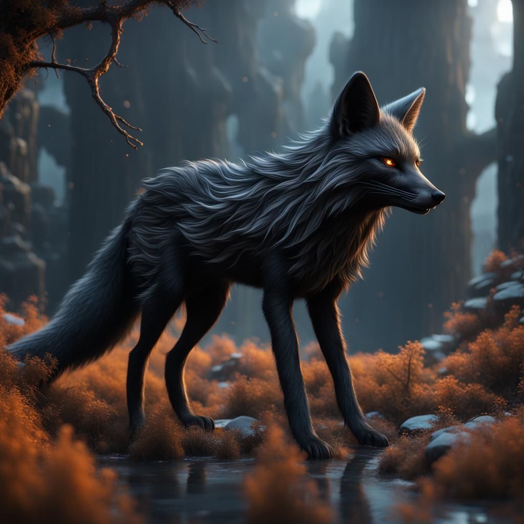 Detailed Matte Painting of a Black Fox