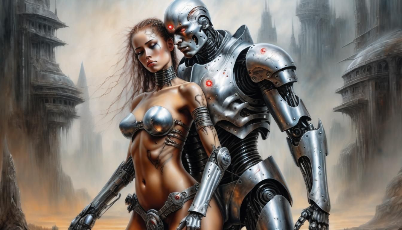 Cyborg Protecting a Princess in Oil Painting Style