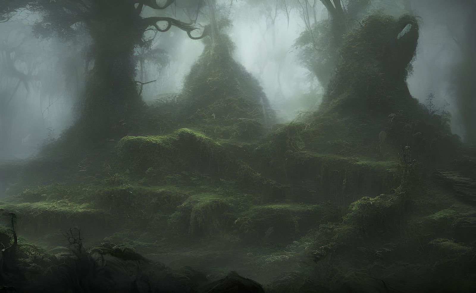 Ruined Stone Wall in Overgrown Jungle