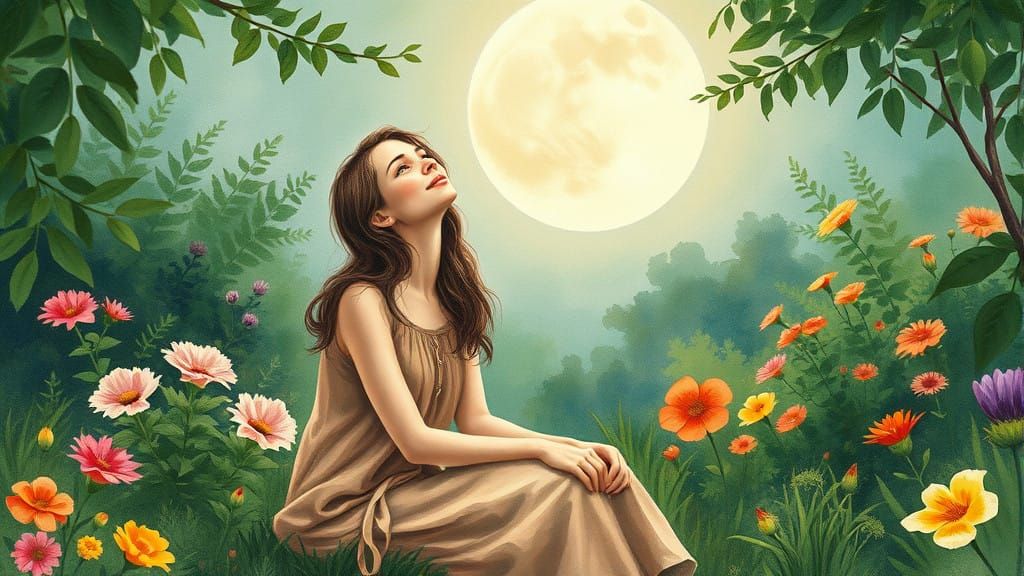 Woman Finds Serenity in Moonlit Garden