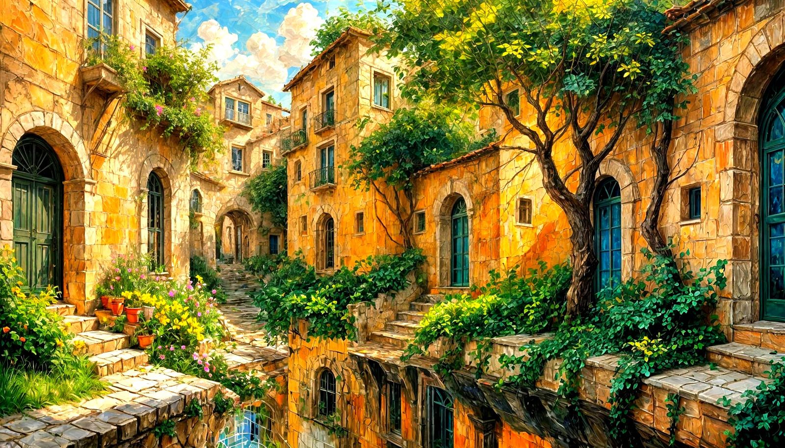 Mediterranean Village Alley in Romantic Style