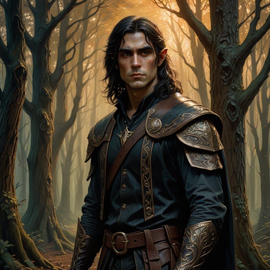 Half Elf in Woods: Vibrant Oil Painting
