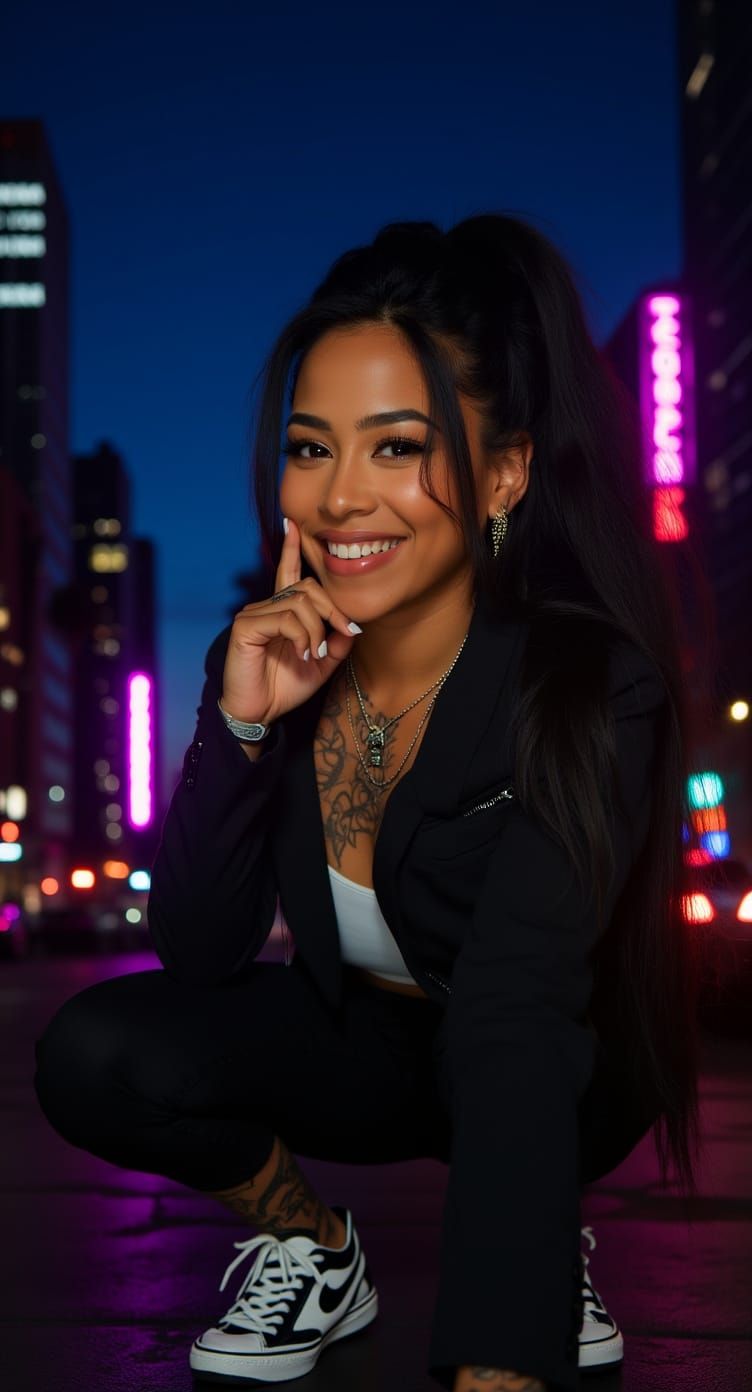 Confident Latina Woman in Vibrant Cityscape at Dusk