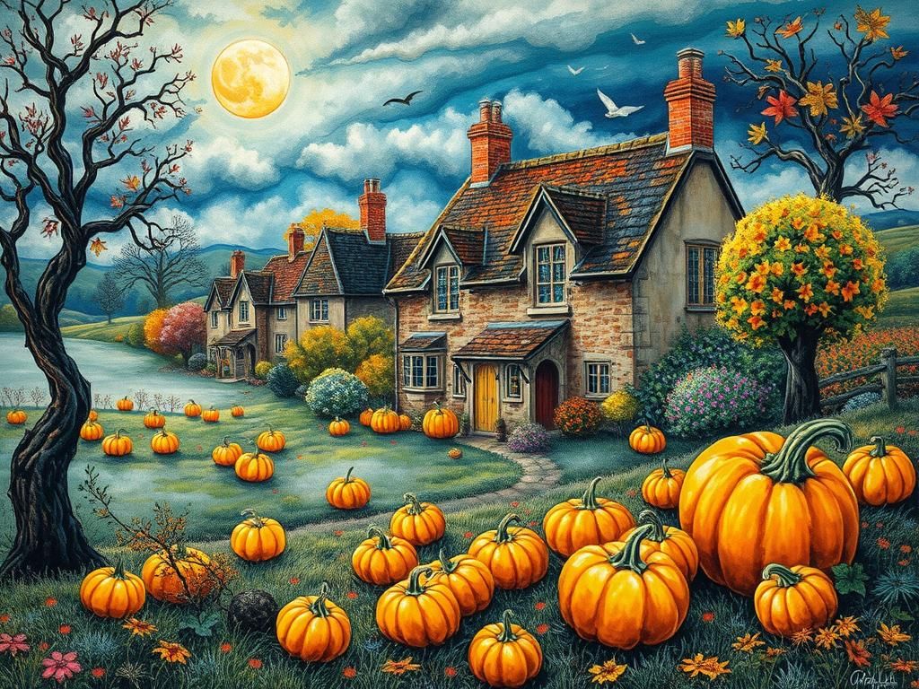 Vibrant Watercolor English Cottages in Autumn Mist