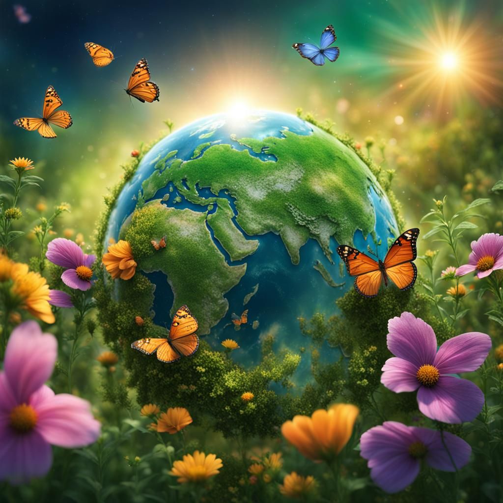 Lush Planet with Iridescent Butterflies: Photo-realistic