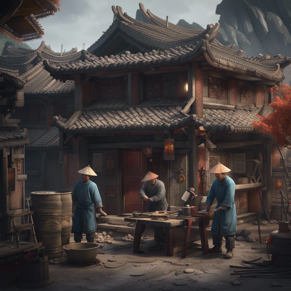 Ancient Chinese Village Construction: Matte Painting