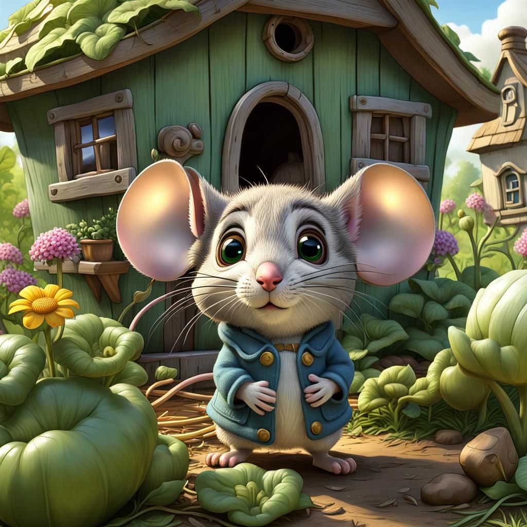 Chibi Mouse in Garden, Anime-Style Digital Art
