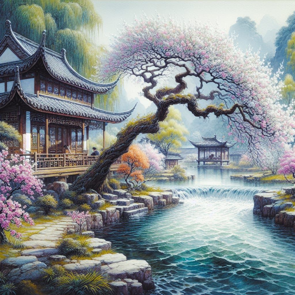 Chinese Spring Pastoral Scene in Watercolor Style