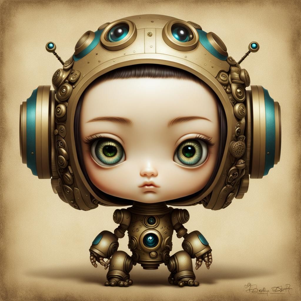 Chibi Girl Playing with Robot in Surreal Style