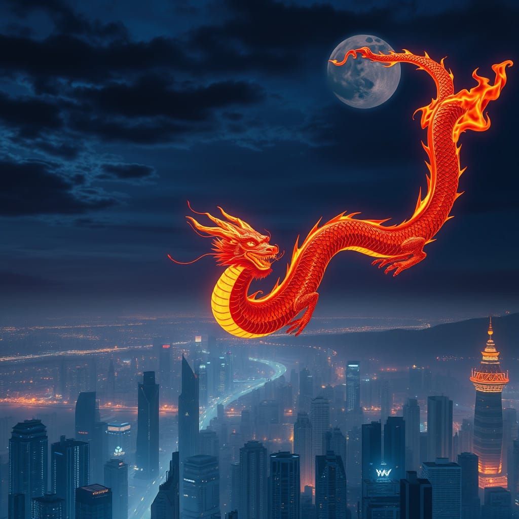 Majestic Chinese Dragon Soars Over City in Vibrant Nighttime...