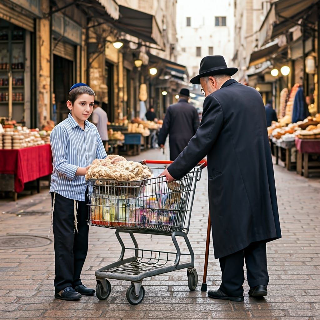 Boy Helping Elderly Man in Middle Eastern Market