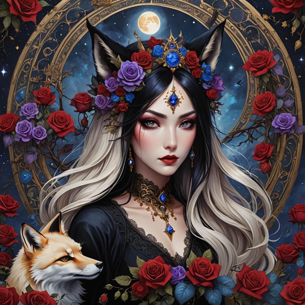 Enchanted Kitsune Woman with Rose Crown