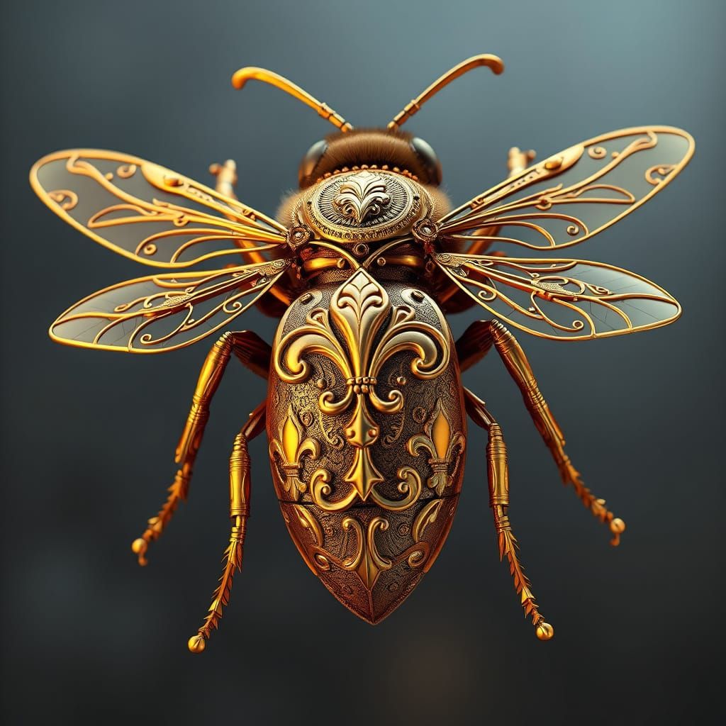 Gilded Steampunk Bee with Art Nouveau Fleur de lis Patterns