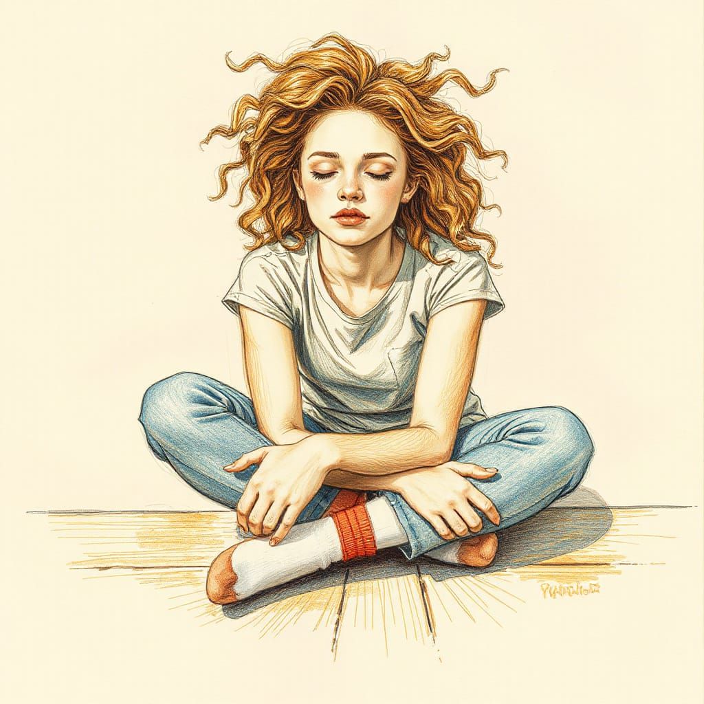 Whimsical Colored Pencil Portrait of a Contemplative Woman