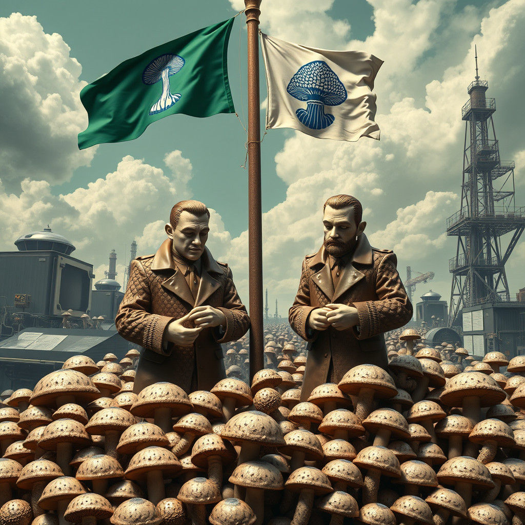 Porcelain Bureaucrats Counting Mushrooms in Dystopian Settin...