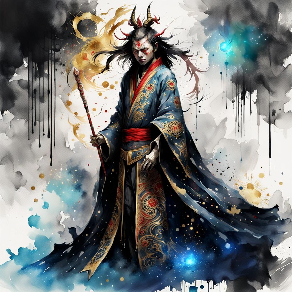 Art Deco Chinese Demon in Dark Fantasy Watercolor