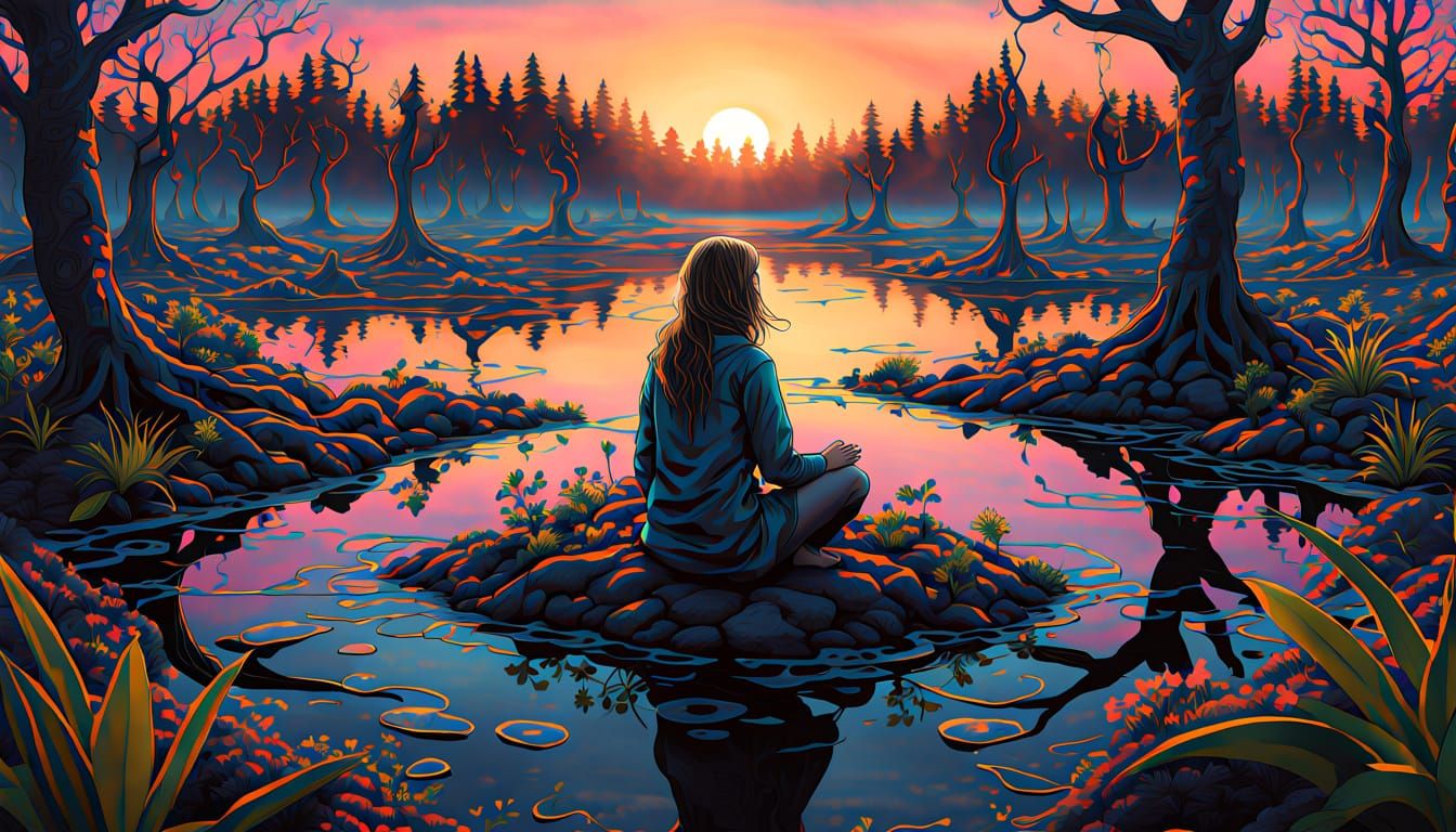 Mystical Woman Walking on Pyramids: Bio-Art Collage