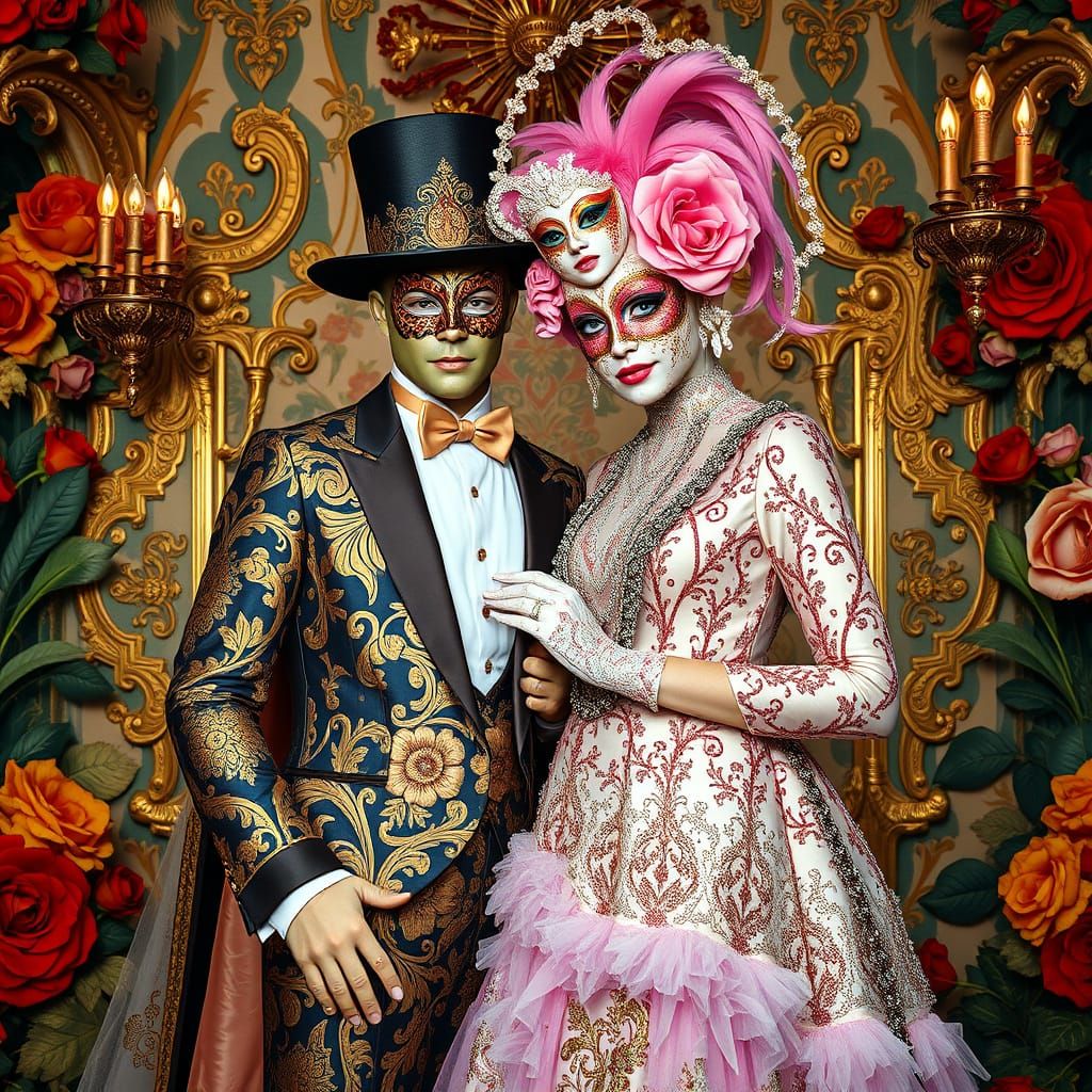Masquerade Couple in Elaborate Attire