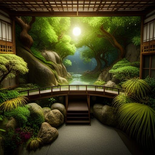 Botanical Japanese Garden Interior in Voynich Style