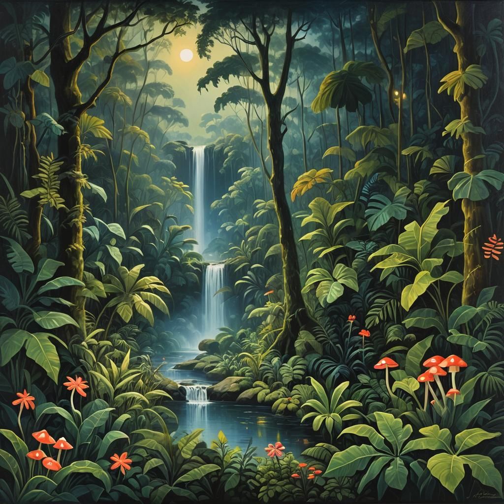 Tropical Rainforest Nocturne in Impasto Style
