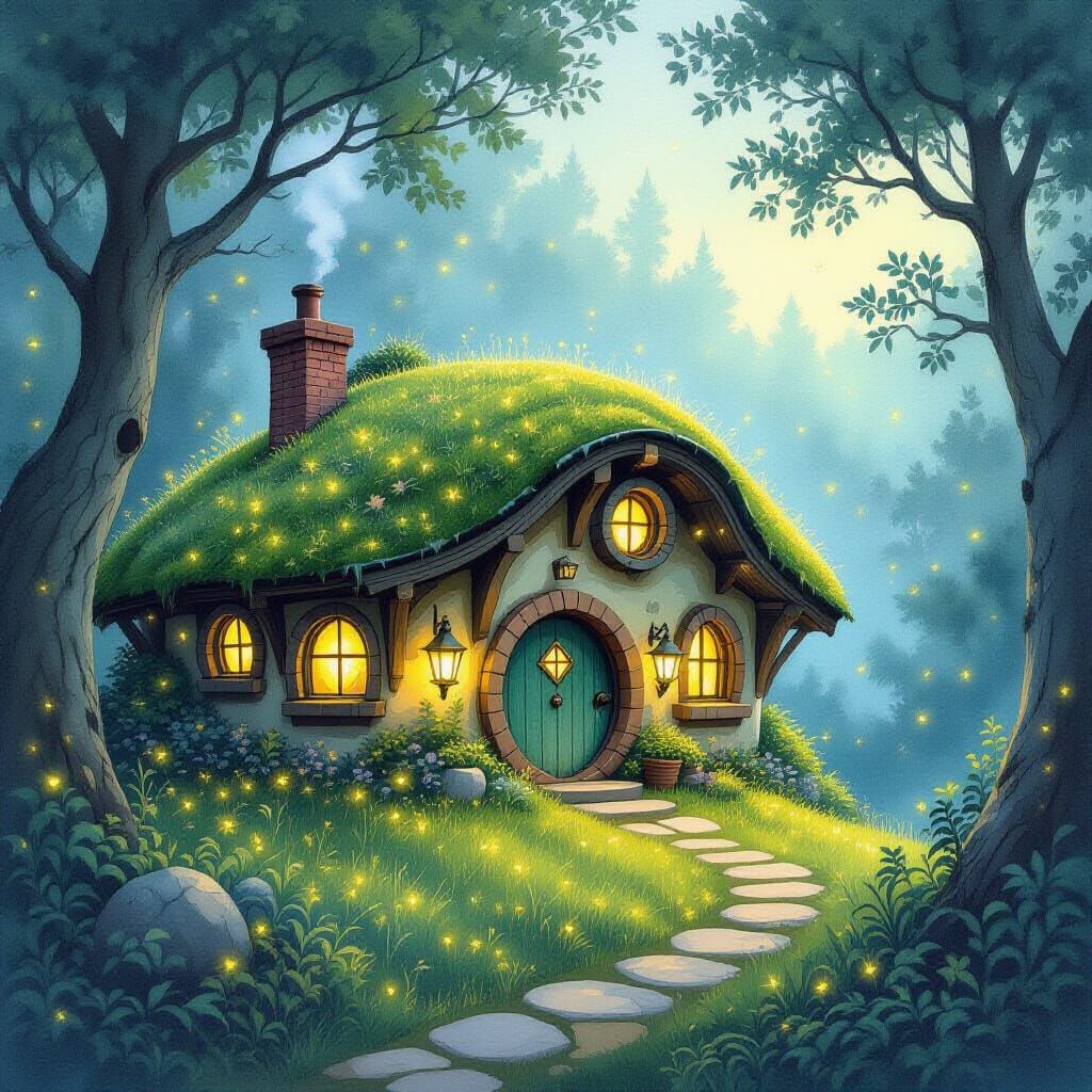 Hobbit House at Dusk in Watercolor Earth Art Style
