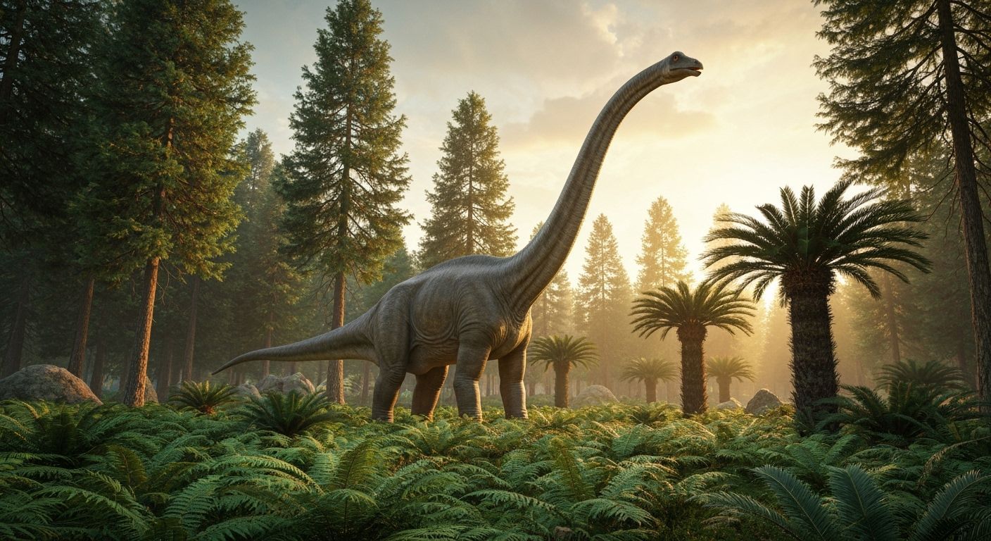 Majestic Brachiosaurus in Fern Clearing at Sunset
