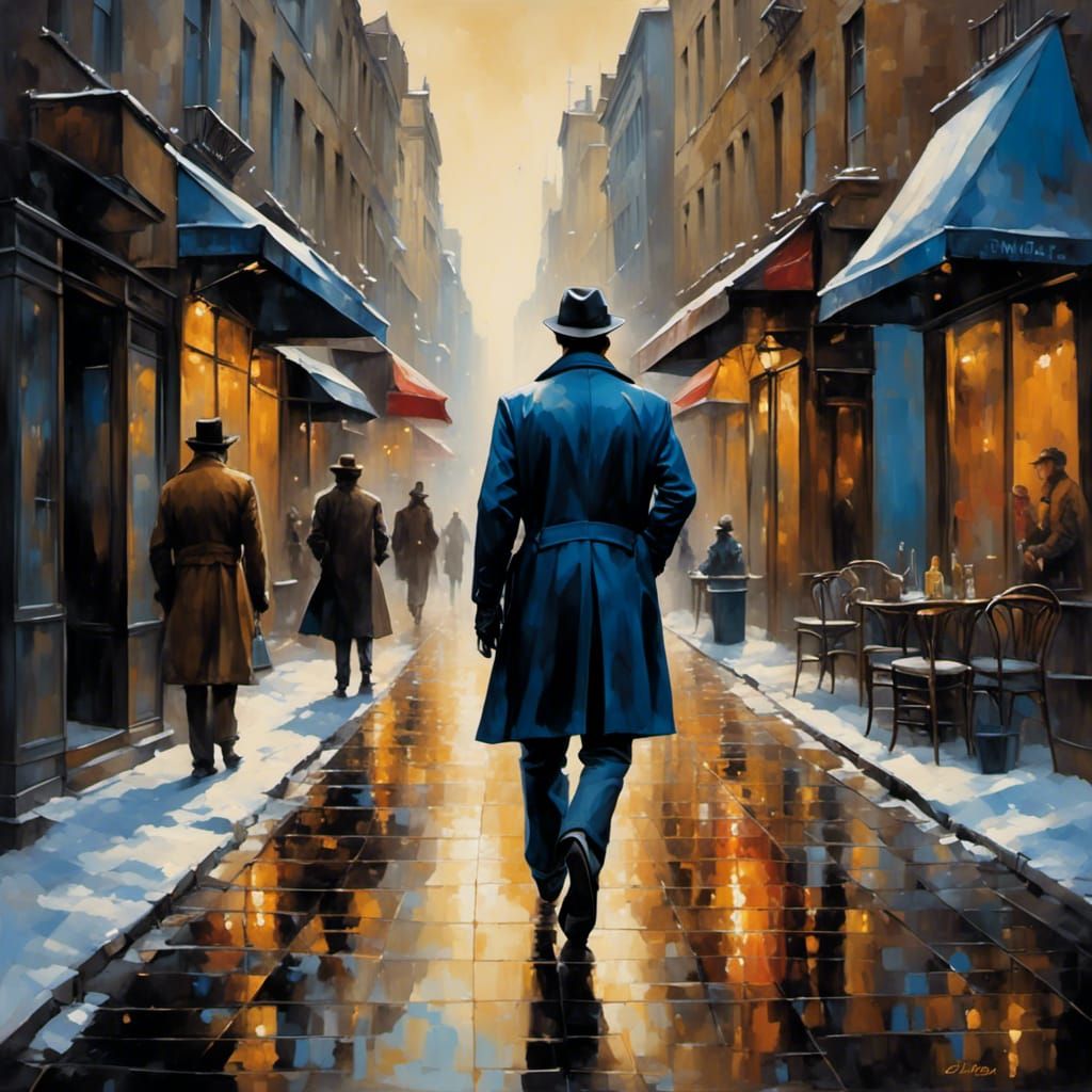 Detective in Alley: Bold Lines and Vivid Colors